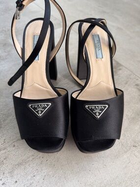 Prada Black Satin Open-Toe Block Heel Sandals with Logo Plaque